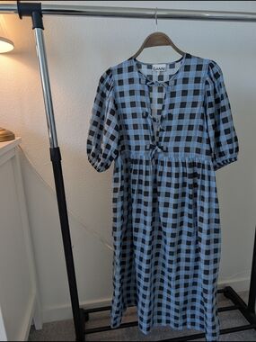 Ganni Blue and Black Gingham Midi Dress